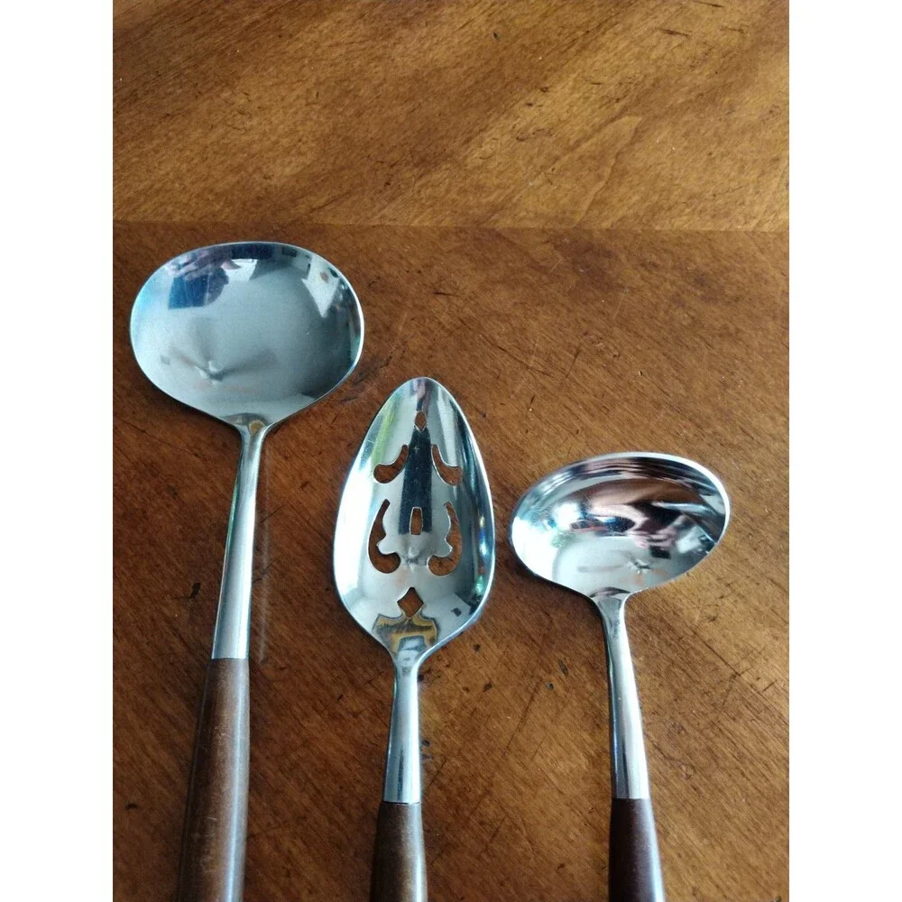 American Tempo MCM Flatware Stainless Spoon Ladle Japan Faux Wood Handle Serving